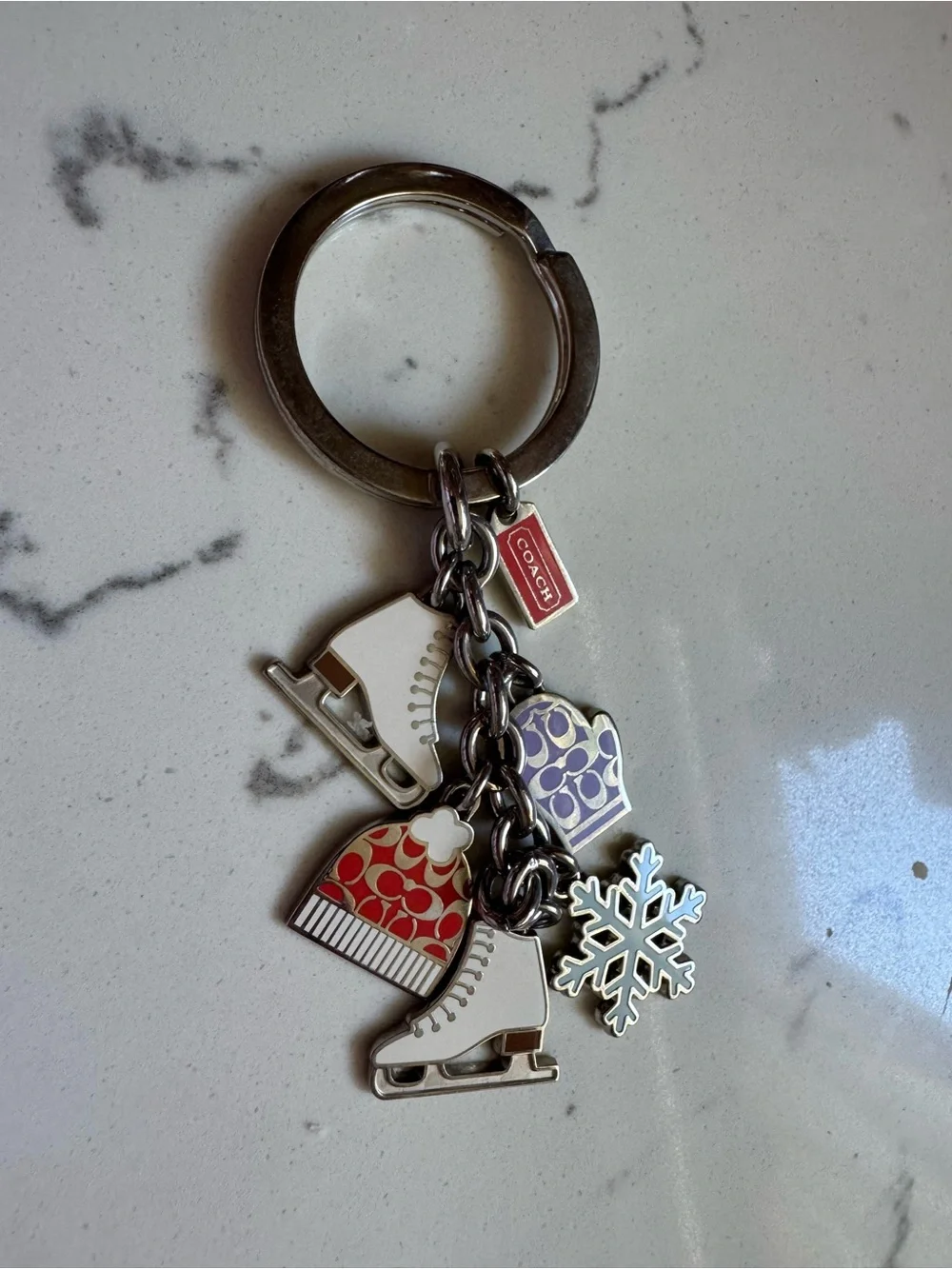 Coach Silver-Tone Winter Charm Keychain with Red, Purple & White Accents